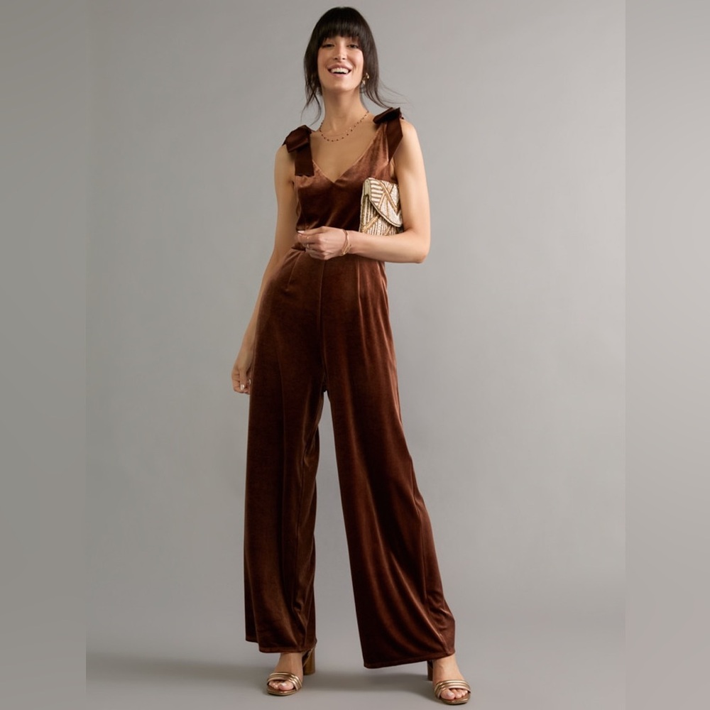Francesca’s v-neck sherry velvet bow strap jumpsuit